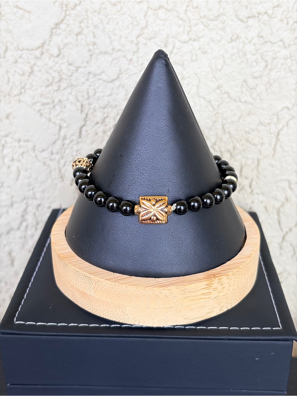 Delicate Black Stone Beaded Stretch Bracelet with Gold Accents